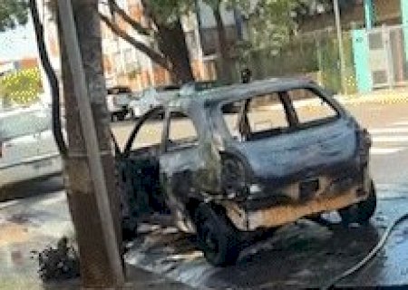 Depois de homem mexer no motor, carro pega fogo e fica destru&iacute;do